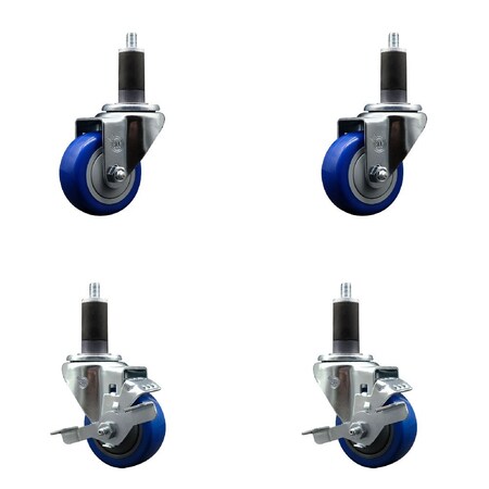 Service Caster 3'' Blue Poly Wheel Swivel 1-1/4'' Expanding Stem Caster Set 2 Brakes, 4PK SCC-EX20S314-PPUB-BLUE-2-TLB-2-114